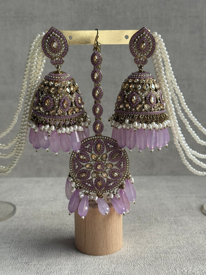 Ayura Designs Amrita Set – Jhumkis with Sahare & Tikka in Soft Lilac Beads, Pearls and Antique Gold Finish