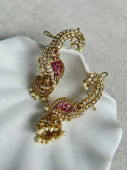 Ayura Designs Padma Earrings – Gold Half Ear Cuffs with Peacock Motif, Pink Stone Accents, Kundan Crystals & Pearl Jhumka Drops