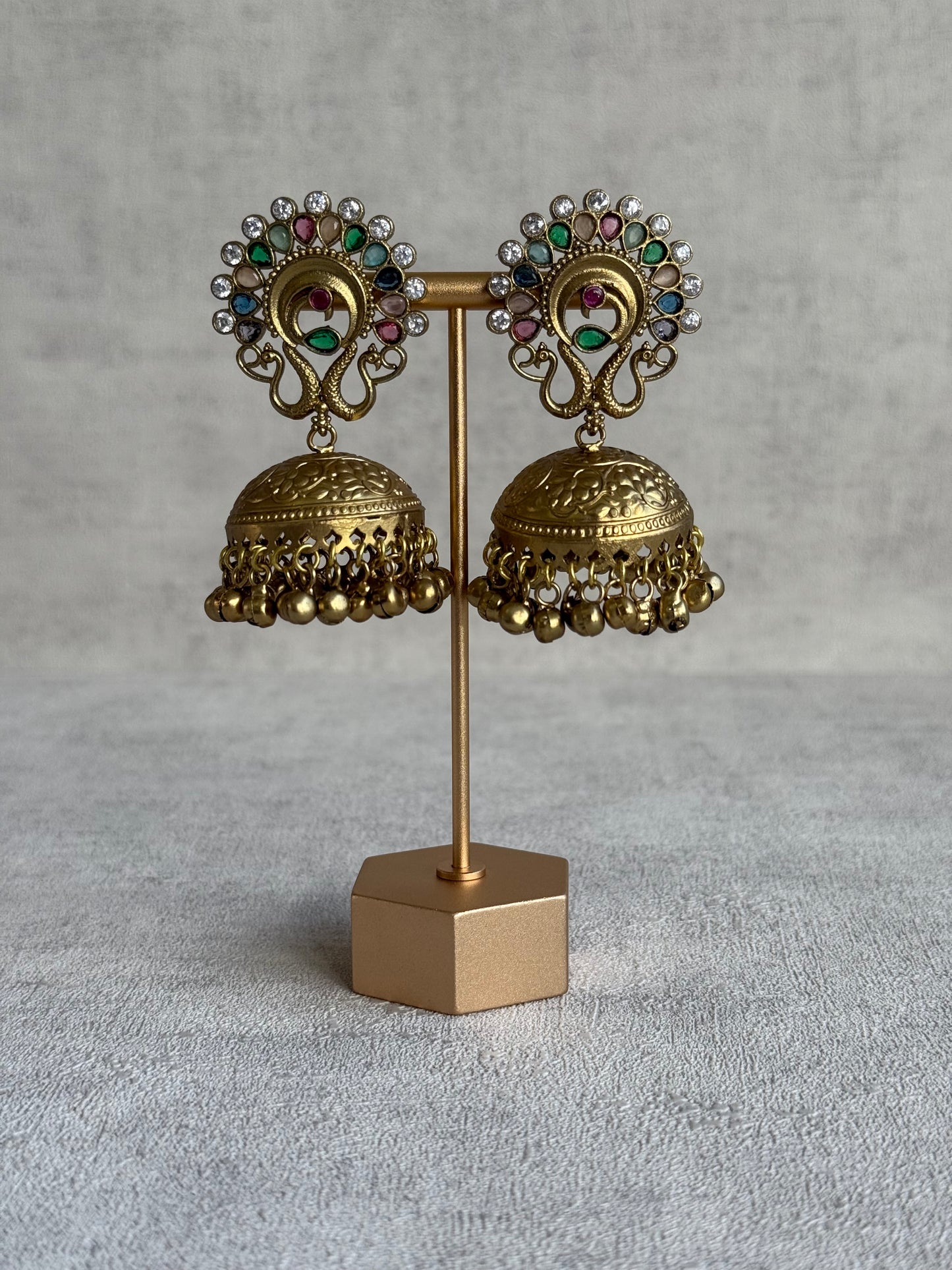 Ayura Designs Moraya Jhumkis – Multicolour Peacock Motif with Antique Gold Detailing