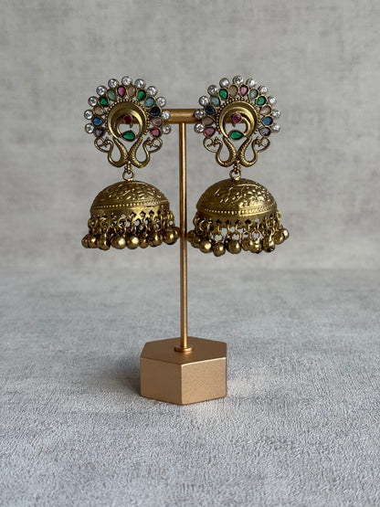 Ayura Designs Moraya Jhumkis – Multicolour Peacock Motif with Antique Gold Detailing