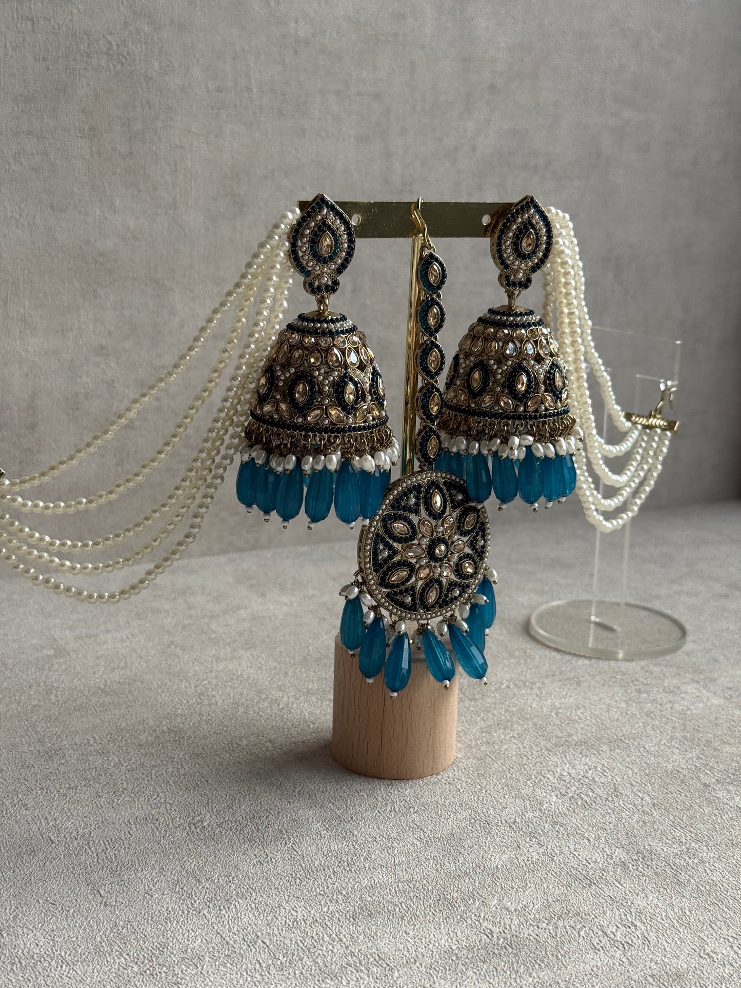 Ayura Designs Amrita Set – Jhumkis with Sahare & Tikka in Peacock Blue Beads, Pearls and Antique Gold Finish