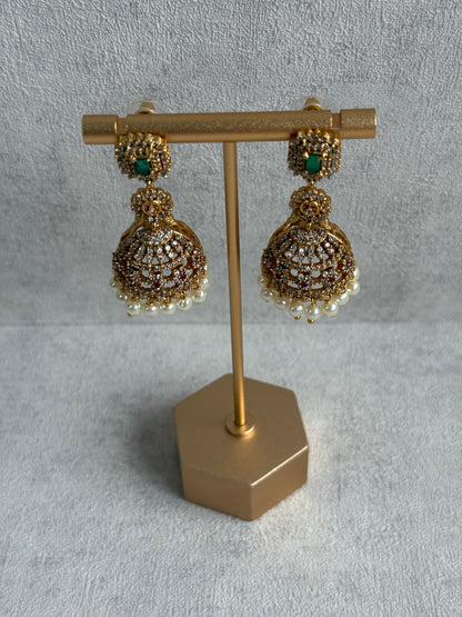 Ayura Designs Maya Jhumkis – Gold Jhumkis with Emerald Green Studs, Pink Stones, Crystal Detailing & Pearl Drops