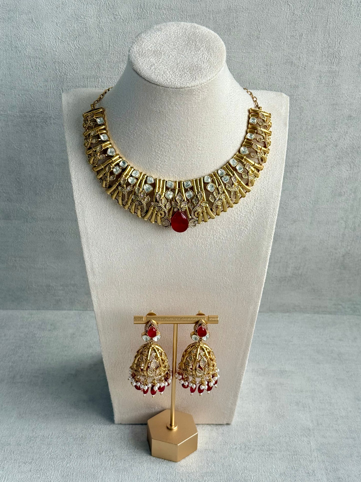 Ayura Designs Rami Collar Set with Jhumkis – Sculpted Gold Collar with Ruby Red Stone and Crystal Detailing