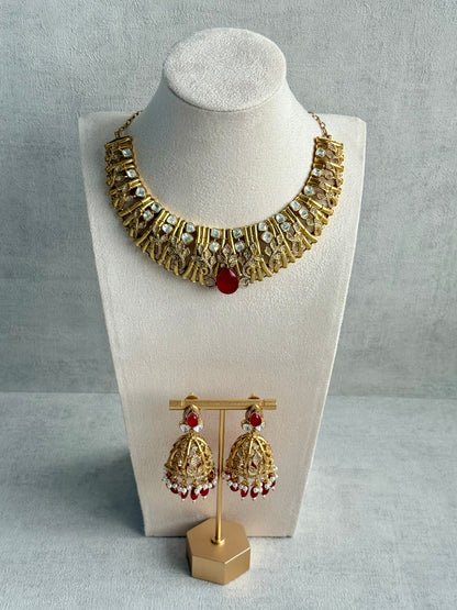 Ayura Designs Rami Collar Set with Jhumkis – Sculpted Gold Collar with Ruby Red Stone and Crystal Detailing