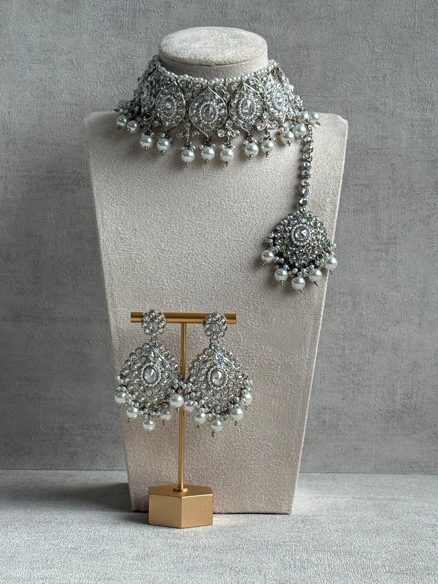 Ayura Designs Palki Set – Choker, Earrings & Tikka with Mirror-Cut Stones, Pearl Detailing & Silver Finish