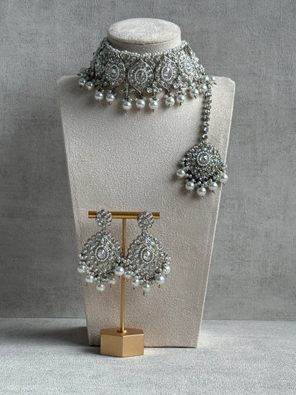 Ayura Designs Palki Set – Choker, Earrings & Tikka with Mirror-Cut Stones, Pearl Detailing & Silver Finish