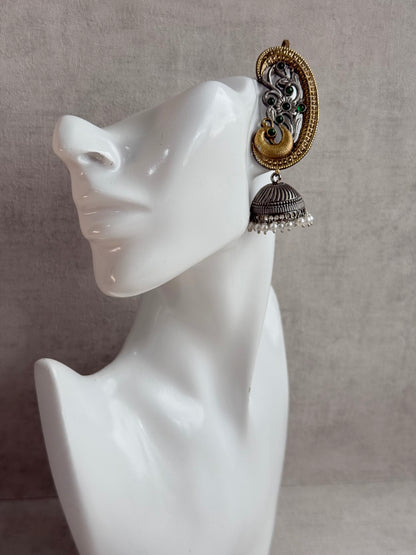 Ayura Designs Fasana Earrings – Dual Tone Oxidised Peacock Ear Climbers with Emerald Green Stones & Pearl Drops