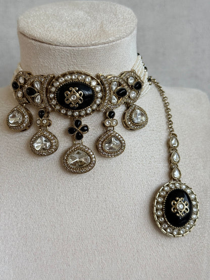 Ayura Designs Myra Choker Set with Earrings & Tikka – Black Kundan & Pearl Detailing
