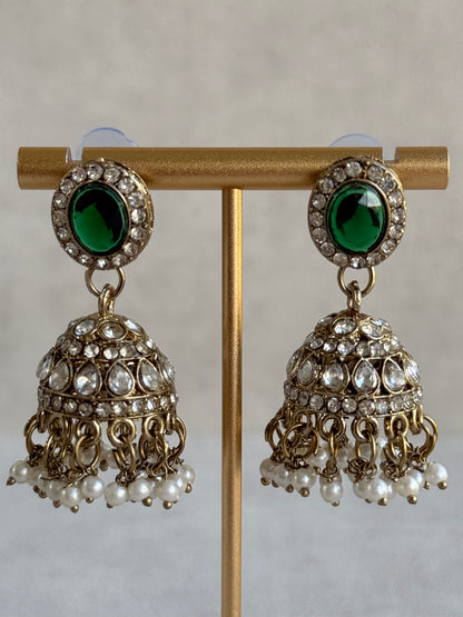 Ayura Designs Eira Necklace Set with Earrings & Tikka – Emerald Green & Crystal Stones with Antique Gold Finish