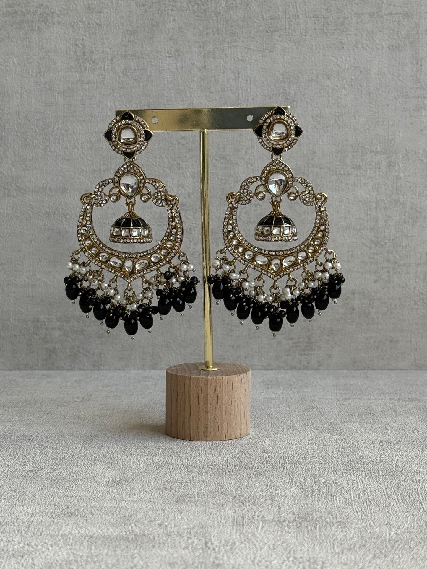 Ayura Designs Reha Earrings – Statement Chandbalis with Black Beads, Pearls & Mirror-Cut Stones