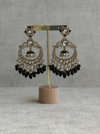 Ayura Designs Reha Earrings – Statement Chandbalis with Black Beads, Pearls & Mirror-Cut Stones
