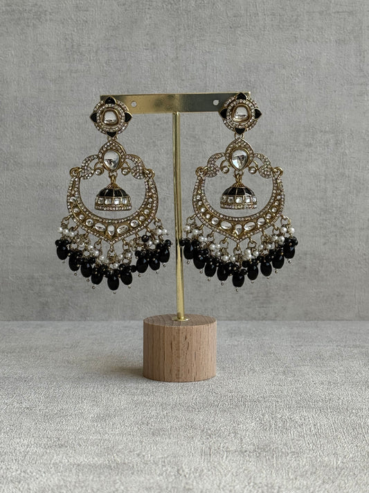 Ayura Designs Reha Earrings – Statement Chandbalis with Black Beads, Pearls & Mirror-Cut Stones