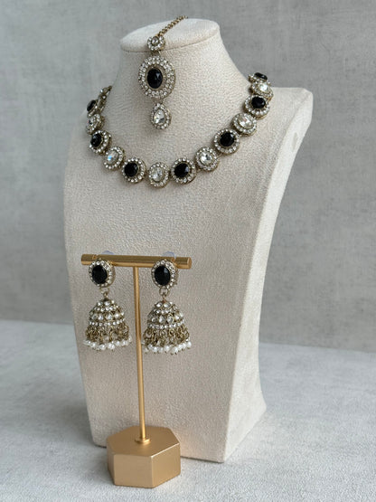 Ayura Designs Eira Necklace Set with Earrings & Tikka – Black & Crystal Stones with Antique Gold Finish