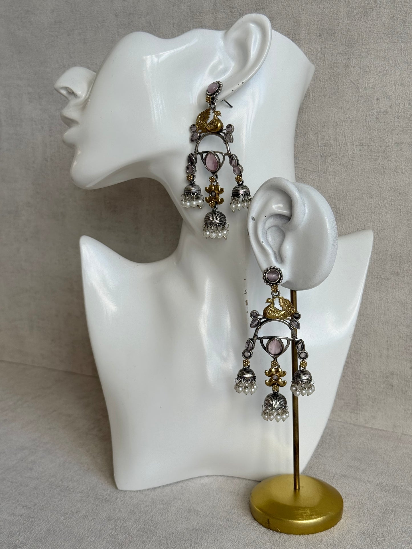 Ayura Designs Mehrza Earrings – Oxidised Peacock Motif Statement Earrings with Pearl Jhumkis & Blush Pink Stones