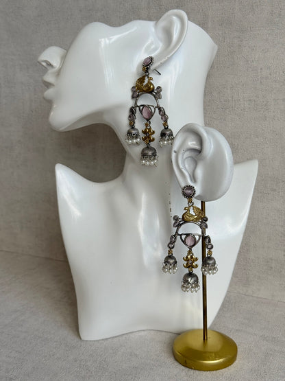 Ayura Designs Mehrza Earrings – Oxidised Peacock Motif Statement Earrings with Pearl Jhumkis & Blush Pink Stones