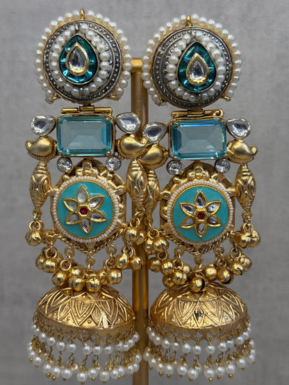 Ayura Designs Neelam Earrings – Handcrafted Gold-Toned Brass Statement Earrings with Blue Enamel, Kundan, Pearls & Jhumka Detailing