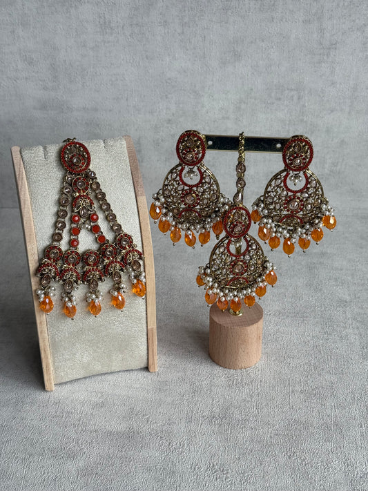 Ayura Designs Almas Tikka Set with Earrings, Tikka & Sahara – Orange Beads & Antique Gold Finish