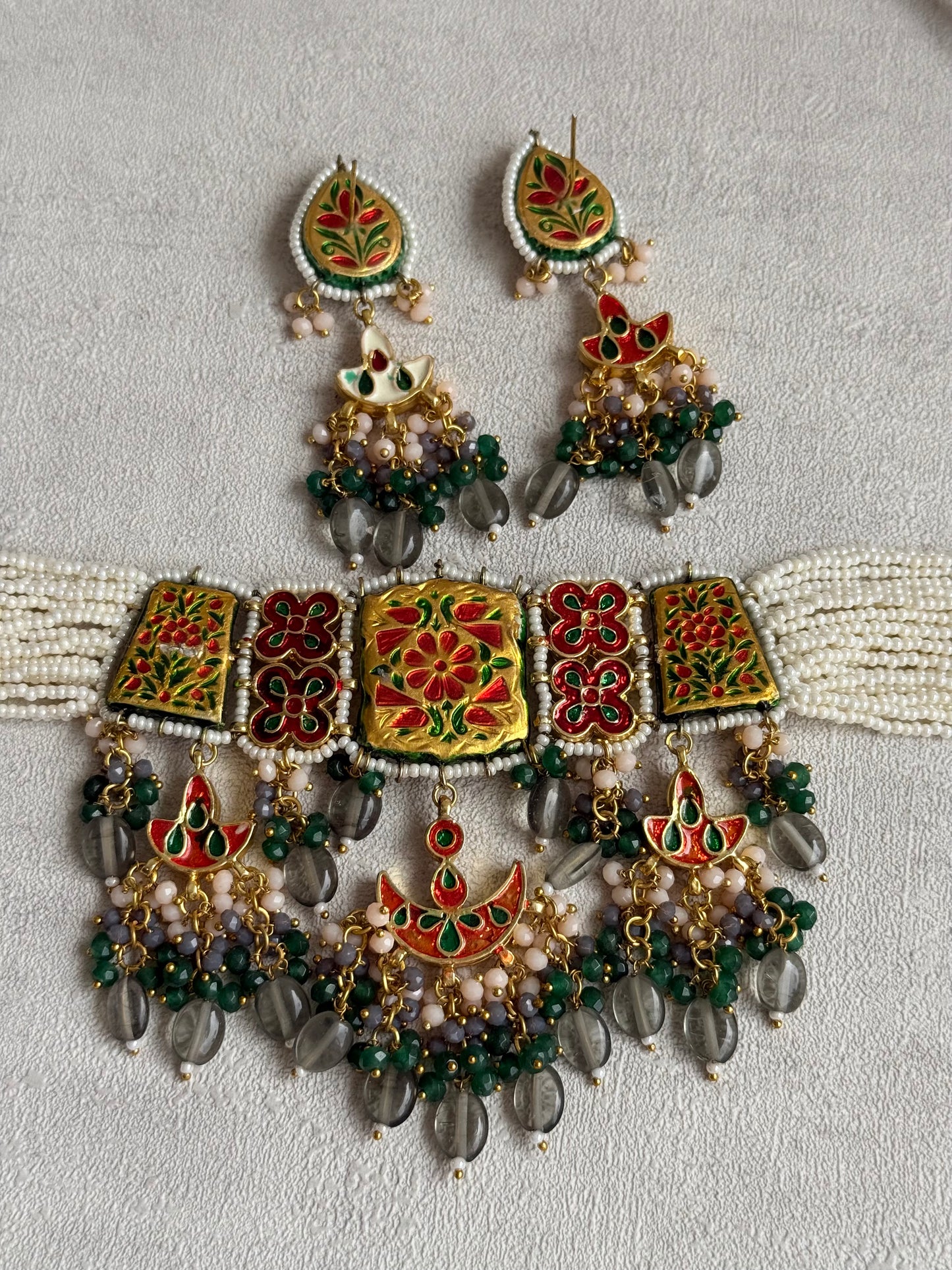 Ayura Designs Rehma Meenakari Kundan Choker Set with Earrings – Emerald Green & Pearl Bead Detailing
