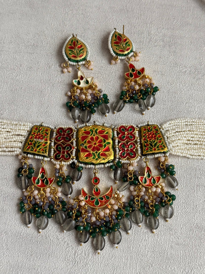 Ayura Designs Rehma Meenakari Kundan Choker Set with Earrings – Emerald Green & Pearl Bead Detailing