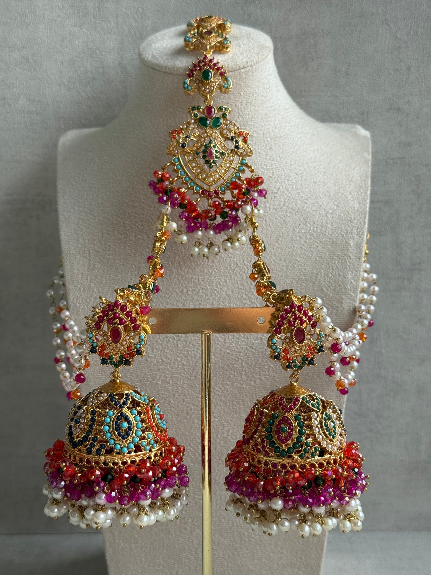 Ayura Designs Safia Tikka Set with Sahare Earrings – Multicolour (Orange, Pink & Ivory Beads)