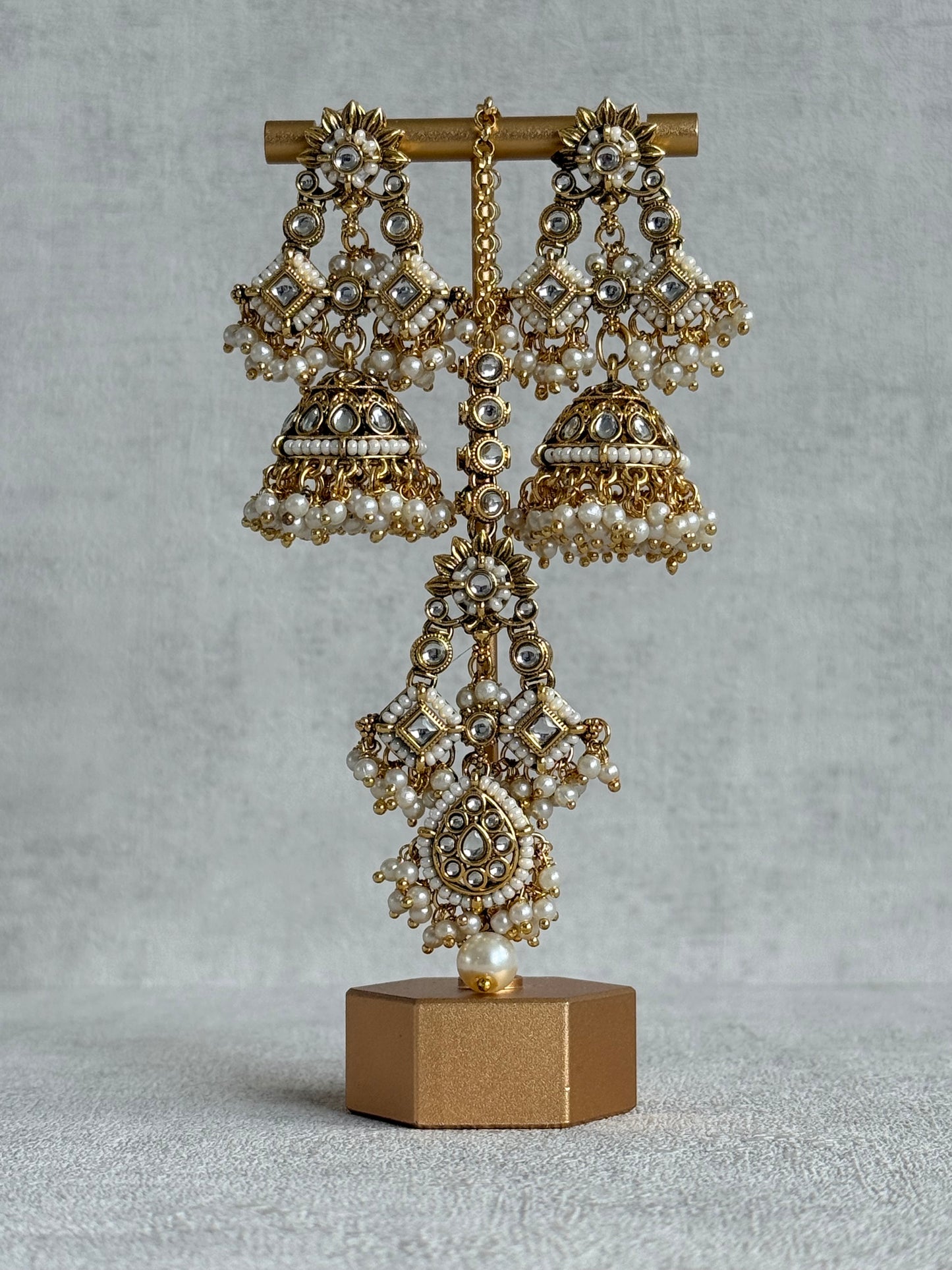 Ayura Designs Ania Tikka Set with Jhumkis – Pearl, Kundan & Gold Detailing