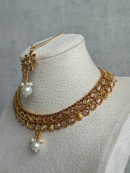 Ayura Designs Rashi Set with Earrings & Tikka – Mirror-Cut Stones with Ivory Pearl Drops in Antique Gold