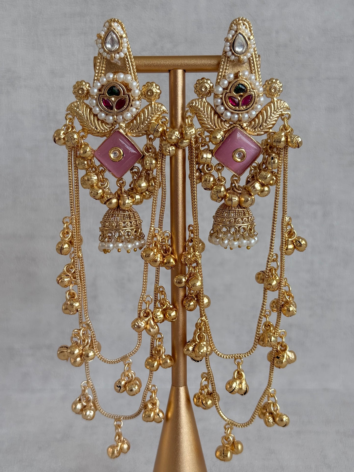 Ayura Designs Simal Earrings – Kashmiri Earrings with Pink Stone, Multicoloured Detailing, Layered Ghungroo Chains & Jhumkis