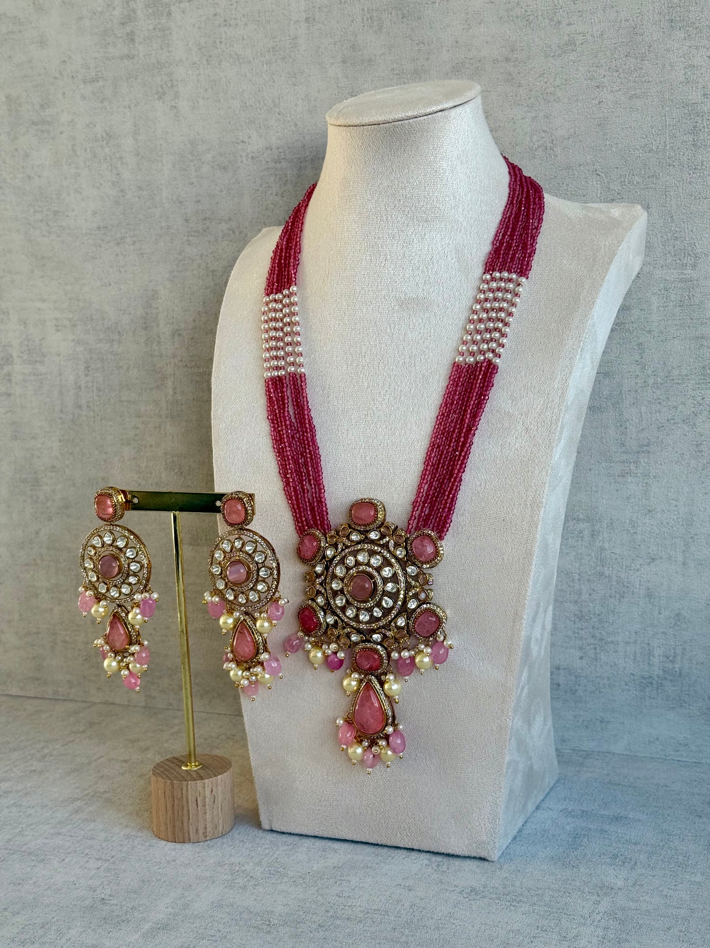 Ayura Designs Julia Set – Kundan Necklace & Earrings with Rose Pink Stones, Pearls & Crystal Detailing