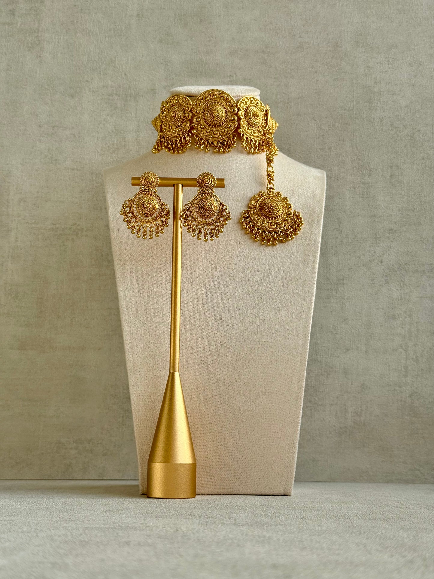 Ayura Designs Rami Choker Set with Earrings & Tikka – Antique Gold Medallions with Ghungroo Drops