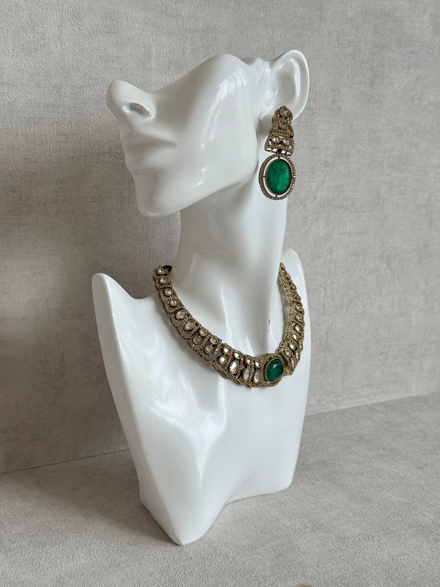 Ayura Designs Sadie Necklace Set with Earrings – Emerald Green Centre Stone, Moissanite Style Stones & Crystal Halo Detailing