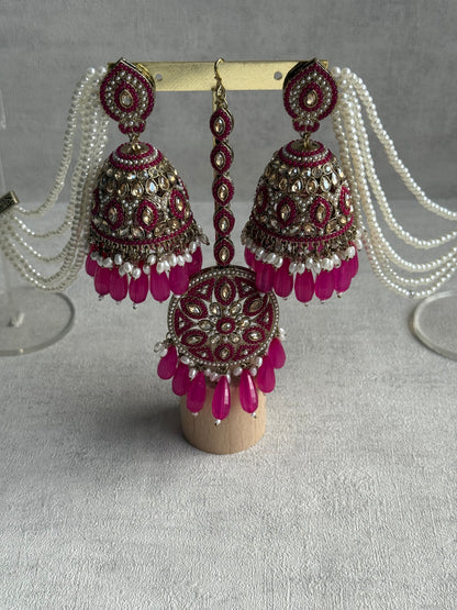 Ayura Designs Amrita Set – Jhumkis with Sahare & Tikka in Hot Pink Beads, Pearls and Antique Gold Finish
