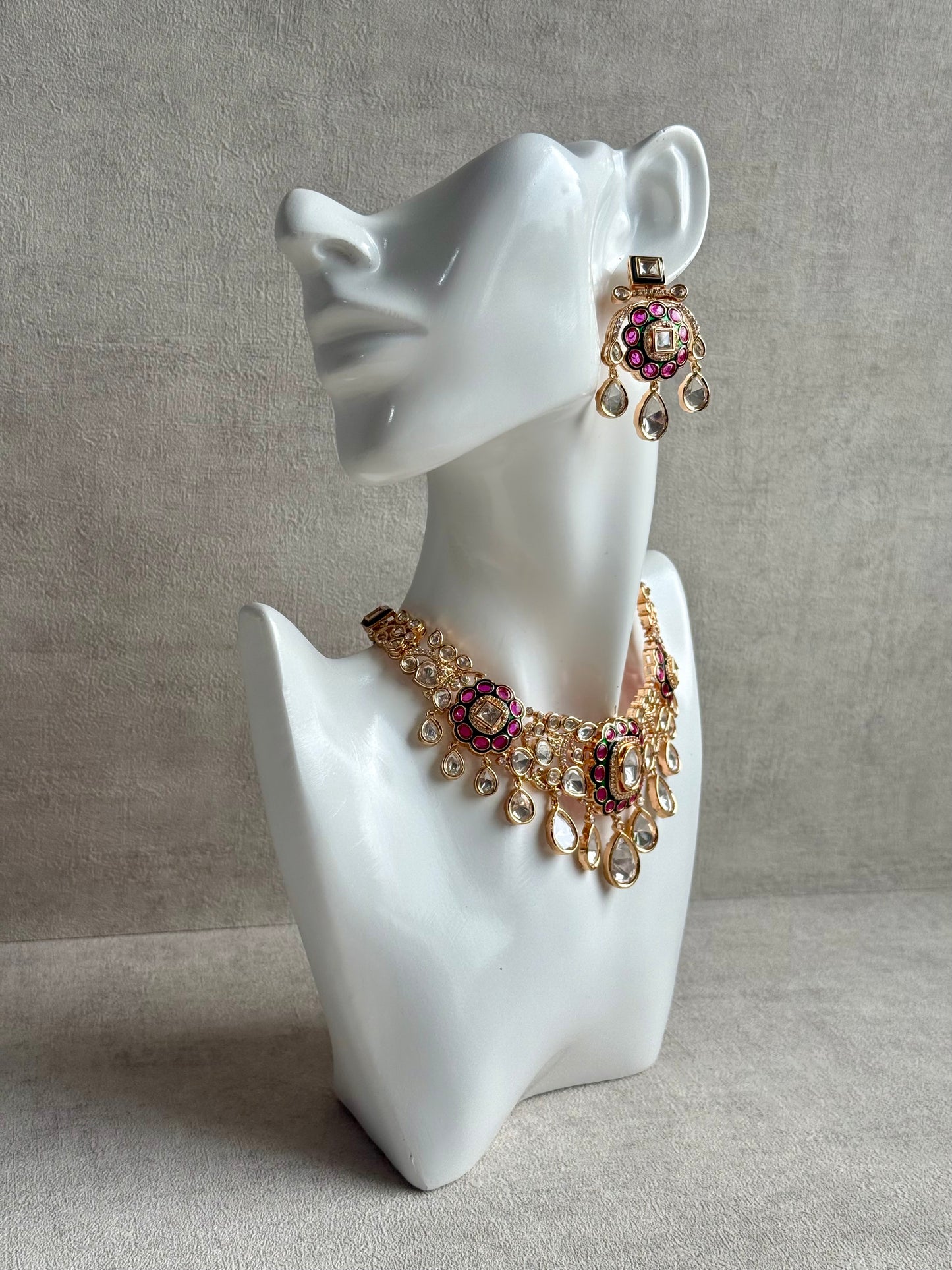 Ayura Designs Ishika Set – Kundan Necklace with Pink & Green Meenakari and Teardrop Crystals