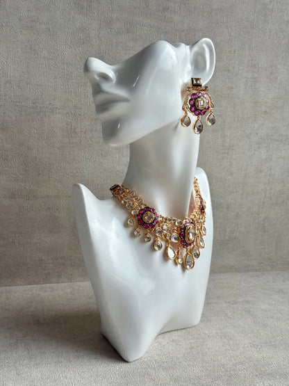 Ayura Designs Ishika Set – Kundan Necklace with Pink & Green Meenakari and Teardrop Crystals