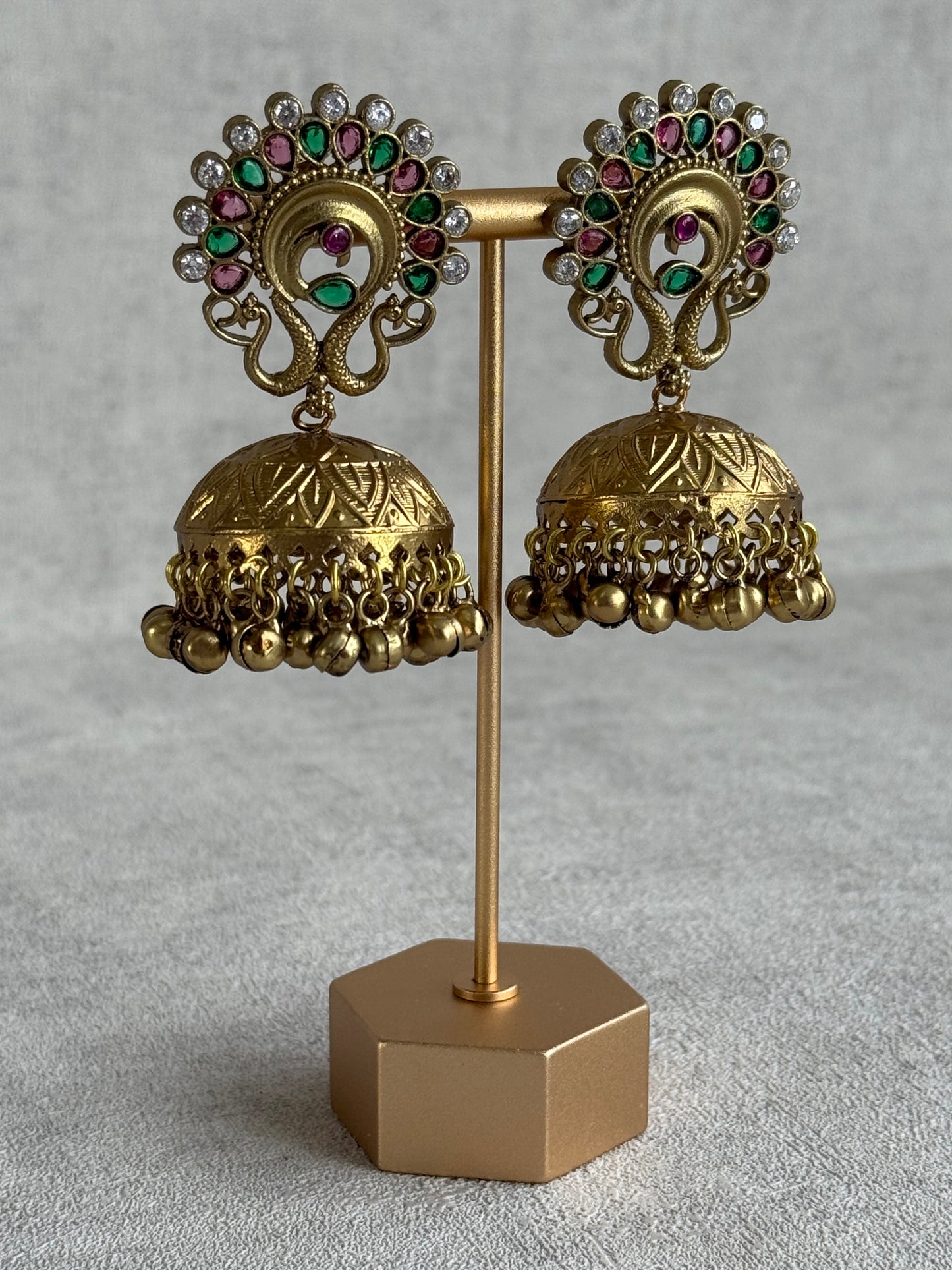 Ayura Designs Moraya Jhumkis – Pink & Green Peacock Motif with Antique Gold Detailing
