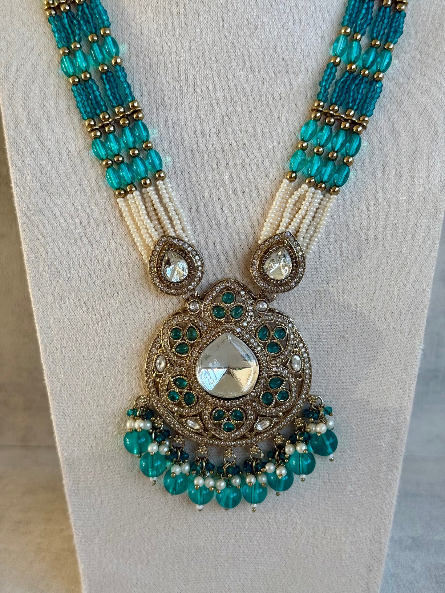 Ayura Designs Brielle Set – Necklace & Jhumkis with Mirror-Cut Stones, Aqua & Deep Teal Beads