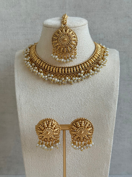 Ayura Designs Purab Set with Necklace, Tikka & Studs – Antique Gold with Round Motifs & Ivory Pearl Detailing
