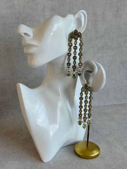 Ayura Designs Emilia Earrings – Gold Triple Strand Statement Earrings with Olive Green Stones & Pearl Drops