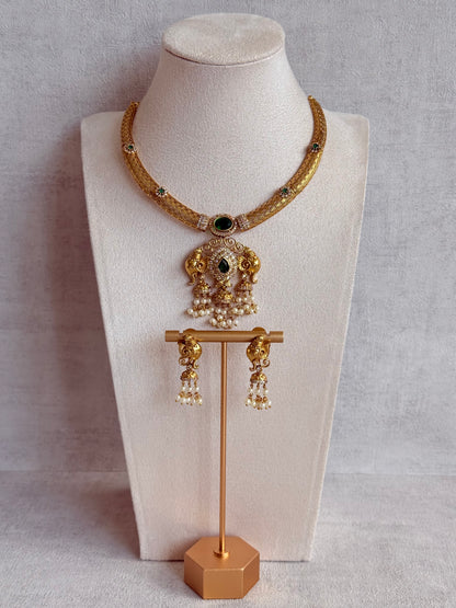Ayura Designs Wadha Collar Necklace Set with Earrings – Gold Elephant Pendant & Emerald Green Stone Detailing