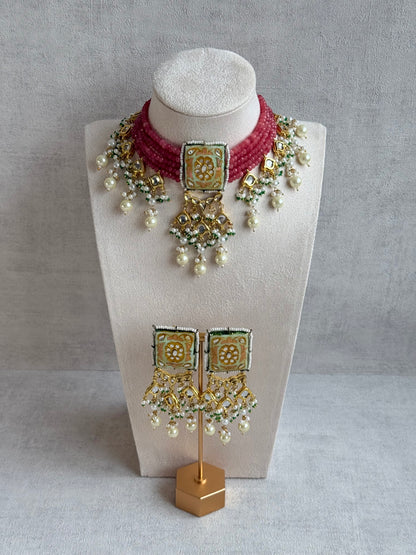 Ayura Designs Sabeera Meenakari Kundan Choker Set with Earrings – Blush Pink Beads & Pearl Detailing
