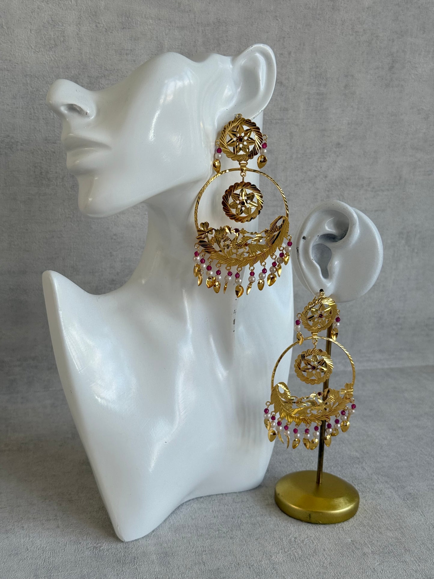 Ayura Designs Puran Earrings – Gold Peacock Pipal Patti Chandbalis with Pink & Ivory Detailing