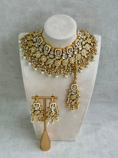 Ayura Designs Suhana Bridal Set with Necklace, Earrings & Tikka – Kundan Stones with Pearl Detailing in Antique Gold Finish