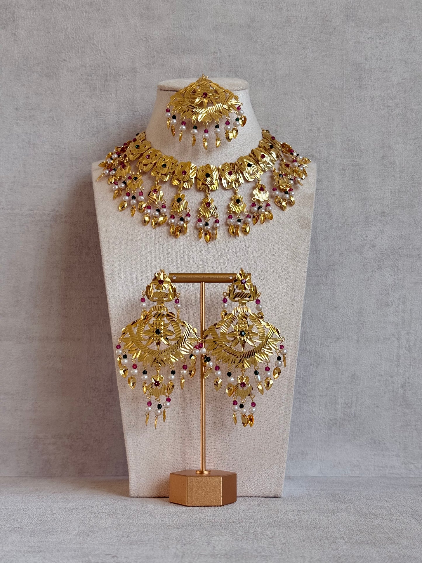 Ayura Designs Baisakhi Set with Earrings & Tikka – Gold Pipal Patti Design with Ruby Pink, Emerald Green & Pearl Detailing