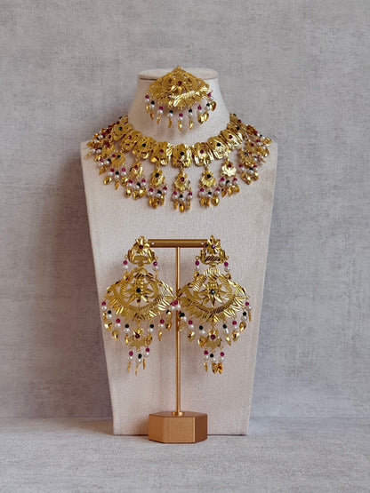Ayura Designs Baisakhi Set with Earrings & Tikka – Gold Pipal Patti Design with Ruby Pink, Emerald Green & Pearl Detailing