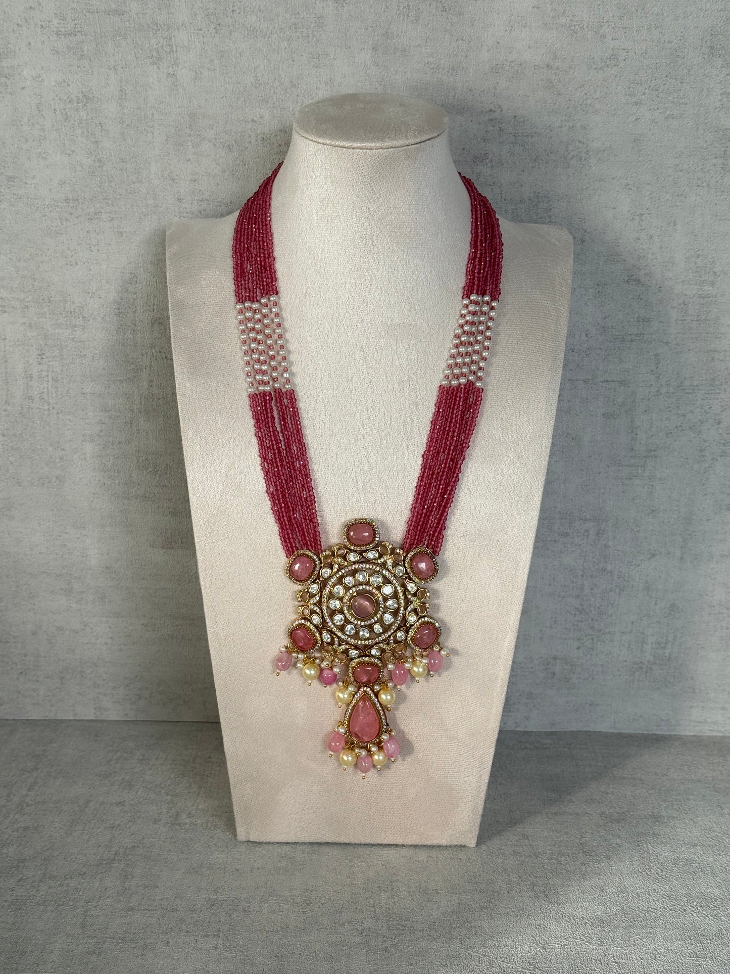 Ayura Designs Julia Set – Kundan Necklace & Earrings with Rose Pink Stones, Pearls & Crystal Detailing