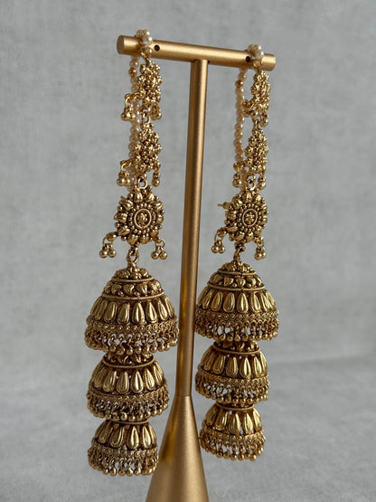 Ayura Designs Preet Sahare Jhumkis – Antique Gold Finish with Triple Dome Design