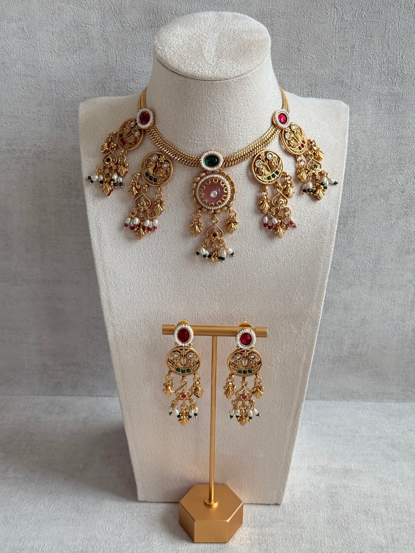 Ayura Designs Parchhai Necklace Set with Earrings – Rose Pink, Ruby Red & Emerald Green Stones, Bird Motifs & Pearl Detailing