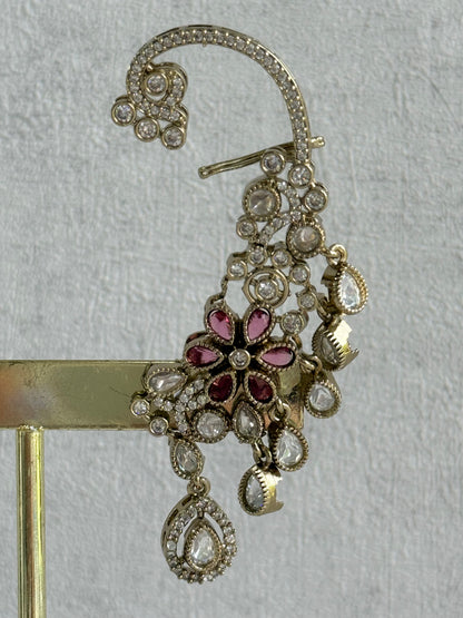 Ayura Designs Aksara Kaanphool Earrings – Rani Pink Stones, Kundan, Crystals & Antique Gold Finish