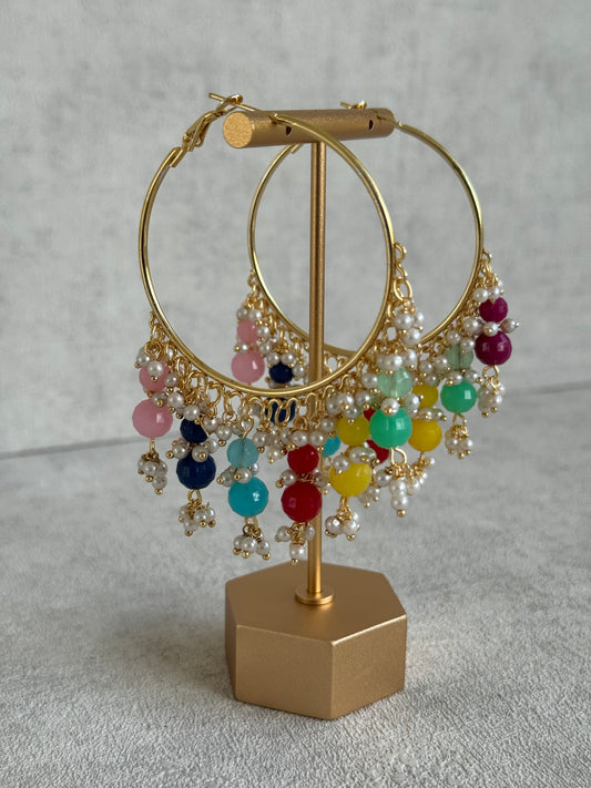 Ayura Designs Bijli Balis – Multicolour Beads, Pearl Clusters, Gold-Tone Hoop Earrings