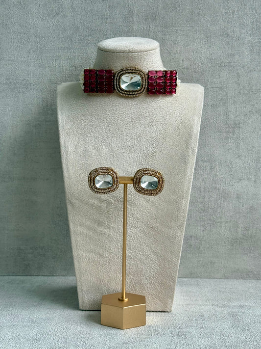Ayura Designs Emma Choker Set – Ruby Fuchsia Gemstone Choker & Studs with Mirror-Cut Centrepiece, Pearl Strands & Crystal Borders