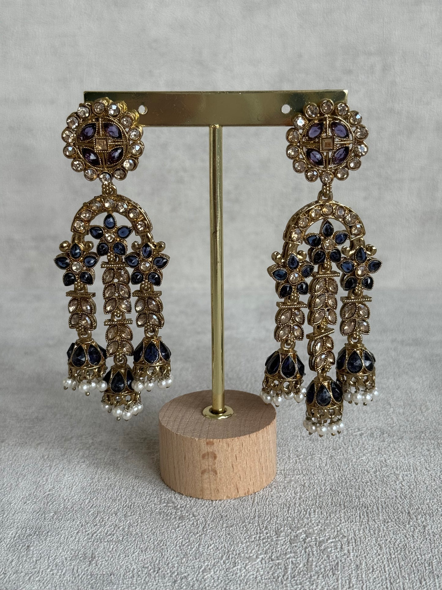 Ayura Designs Soraya Earrings – Ink Blue Stones, Champagne Crystals, Pearl Detailing & Gold Finish